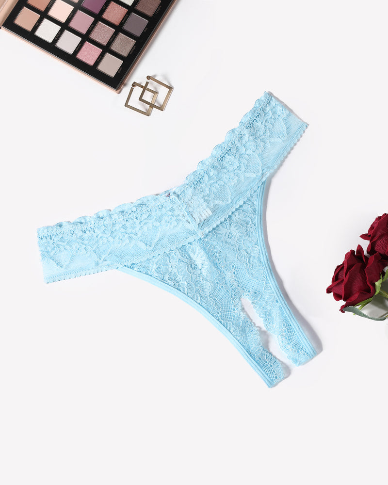 Light blue lace low-rise t-back thong with scalloped edges