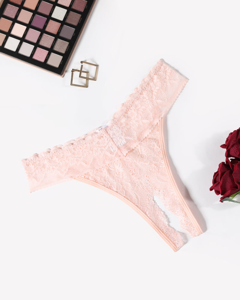 Light pink lace low-rise t-back thong with scalloped trim