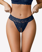 Navy blue lace low-rise t-back thong with scalloped trim