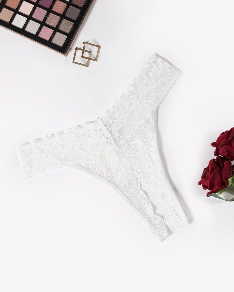 White lace low-rise t-back thong with scalloped lace edges