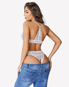 White lace low-rise t-back thong, strappy back and scalloped lace trim