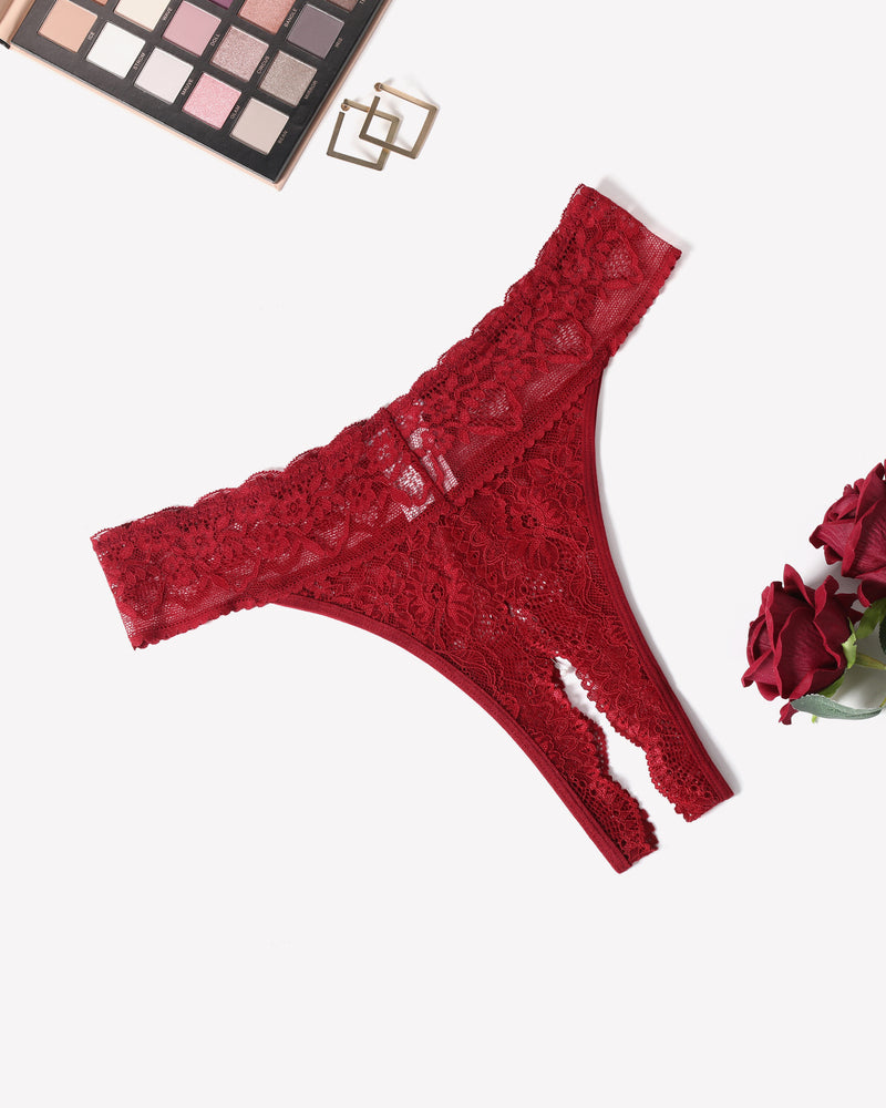 Wine red lace low-rise t-back thong with scalloped trim