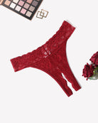 Wine red lace low-rise t-back thong with scalloped trim
