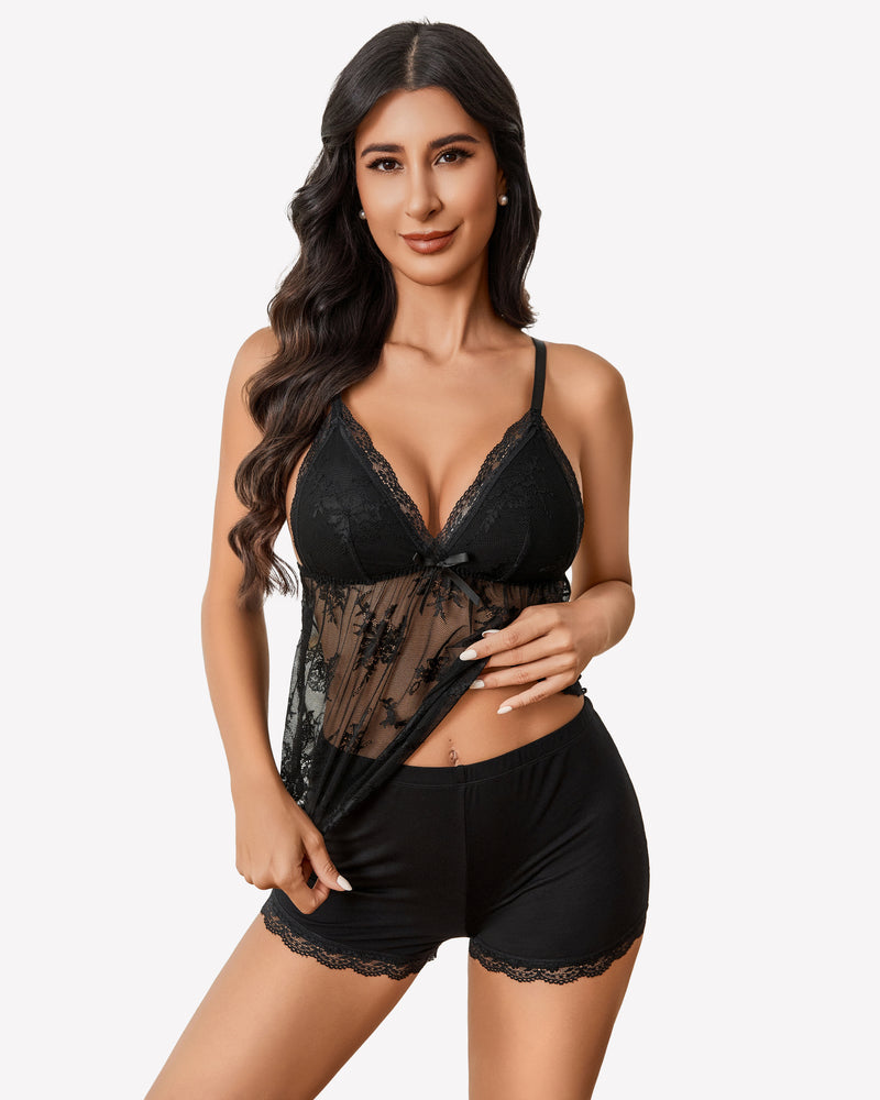 Black lace-trim 2-piece pajama set with V-neck camisole and matching shorts