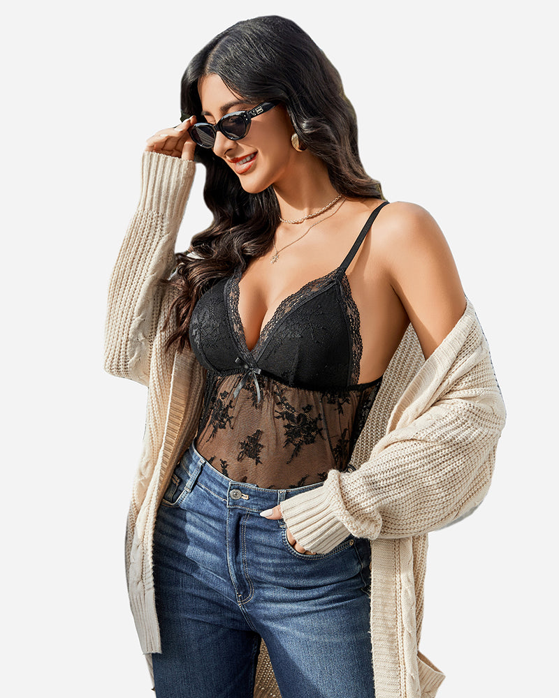Black lace-trim sheer babydoll top with V-neck and matching pajama shorts