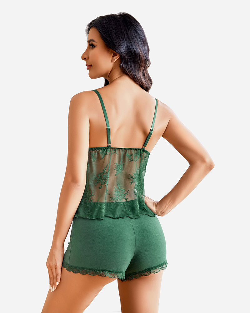 Green lace-trim backless camisole with sheer panel and matching pajama shorts
