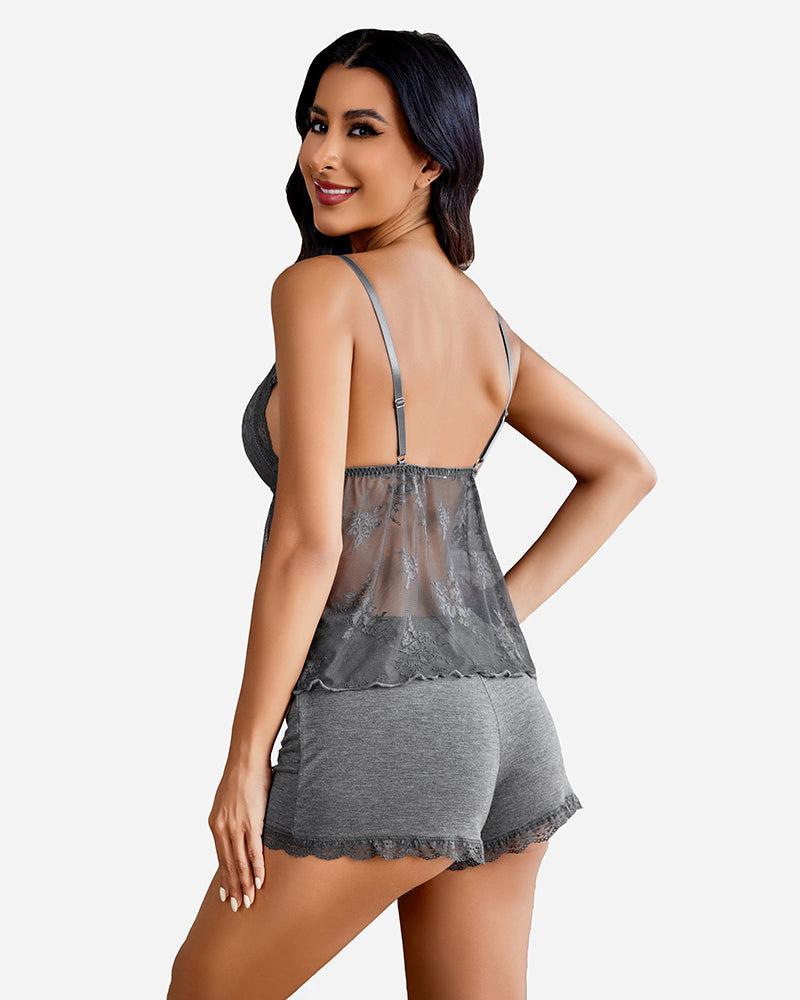 Grey lace-trim camisole with sheer back panel and matching pajama shorts