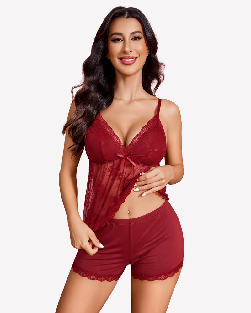 Burgundy lace-trim pajama camisole and short set with V-neck and bow