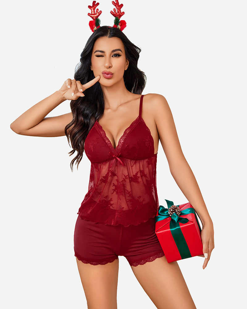 Burgundy lace-trim pajama camisole and short set with V-neck lace trim
