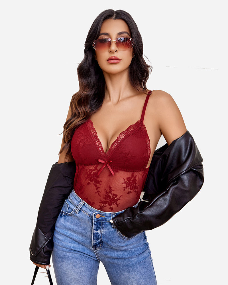 Burgundy lace-trim pajama camisole with V-neck and tie, thin straps