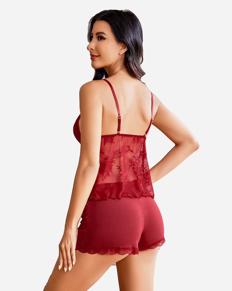 Two-piece pajama set in dark red: lace-trim camisole and matching shorts
