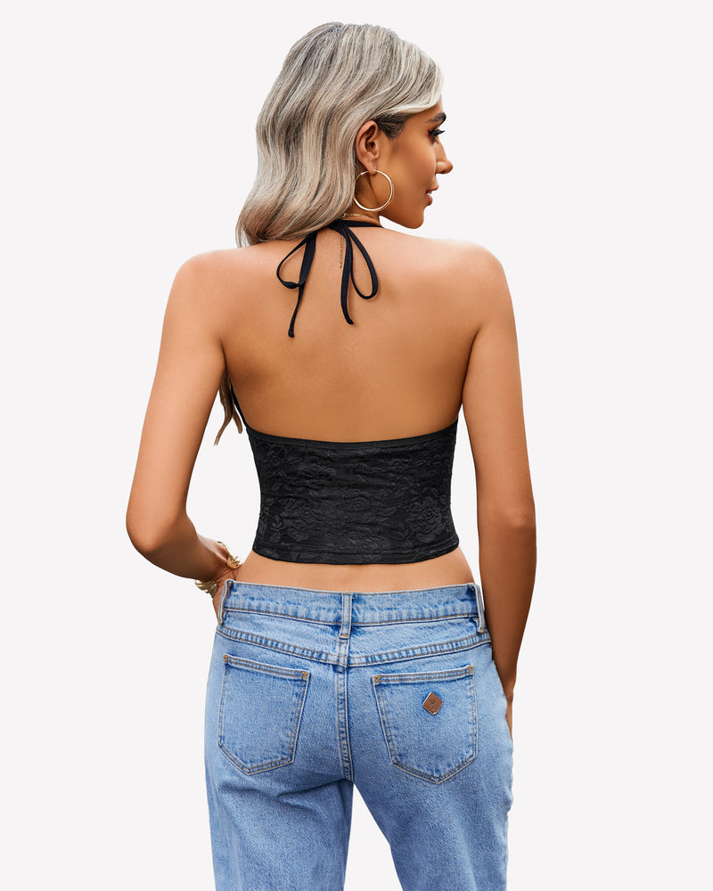 Black lace halter crop camisole top with tie-back straps and V-neck front.