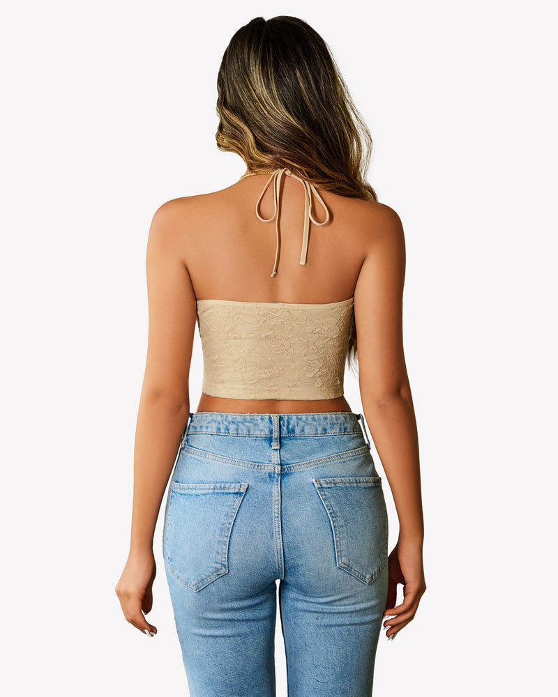 Camel lace halter crop camisole top with tie-back straps and V-neck front.