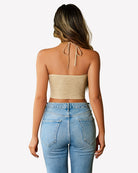 Camel lace halter crop camisole top with tie-back straps and V-neck front.