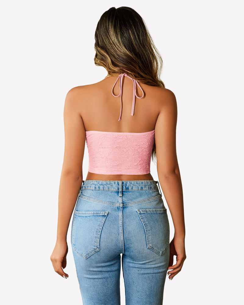 Lace halter crop camisole in pink, open-back with tie straps and V-neck front
