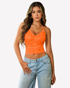 Lace halter crop camisole in orange with V-neck and ruched waist detail