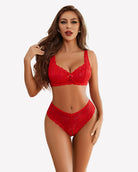 Red lace bra and panty set with V-shaped neckline and scalloped trim