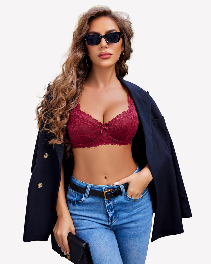 Wine red lace bra and panty set with underwire cups and lace trim