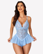 Light blue lace bodysuit teddy with V-neck cups and ruffled babydoll hem