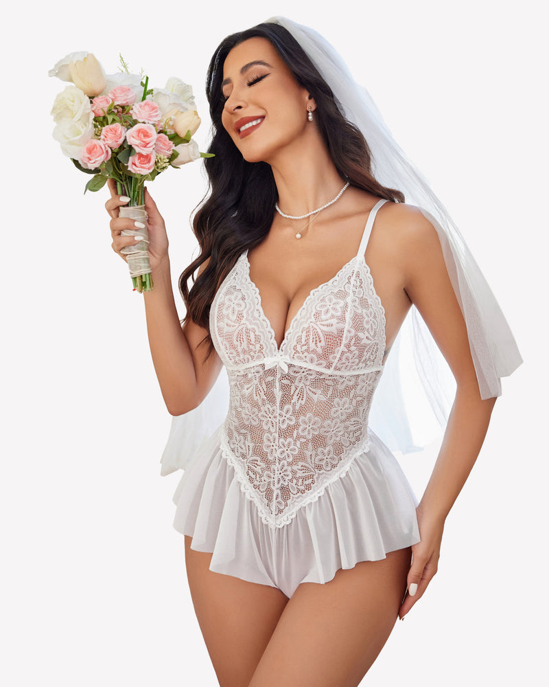 White lace bodysuit one-piece teddy with plunging neckline and tiered ruffle hem