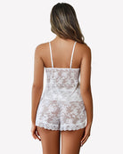 White sheer lace floral pajama set, back view, spaghetti straps and lace shorts