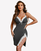 Dark gray lace nightgown chemise with white trim, spaghetti straps, and side slit