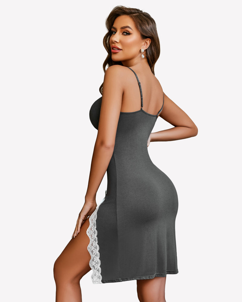 Dark gray lace chemise nightgown with spaghetti straps and side slit, shown from back