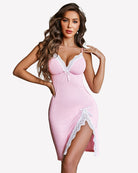 Pink lace chemise nightgown with V-neck, tie straps, and side slit trim