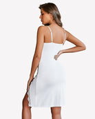 White lace chemise nightgown with racerback straps and side slit hem