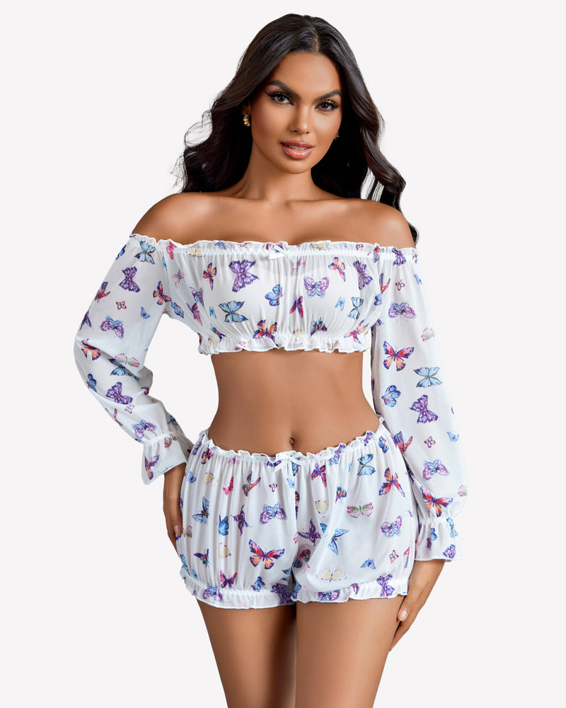 Off-shoulder ruffle bra and panty set, white with blue and purple butterfly print