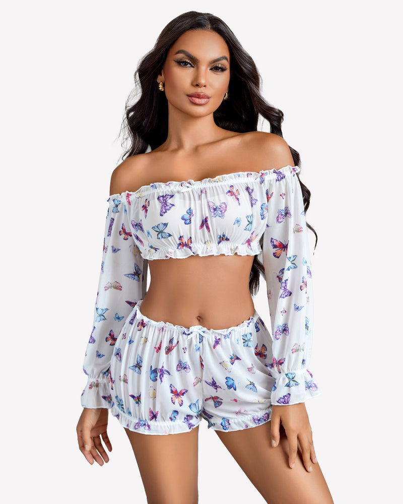 Off-shoulder ruffle bra and panty set, white with butterfly print, front view