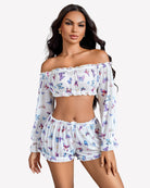 Off-shoulder ruffle bra and panty set, white with butterfly print, front view