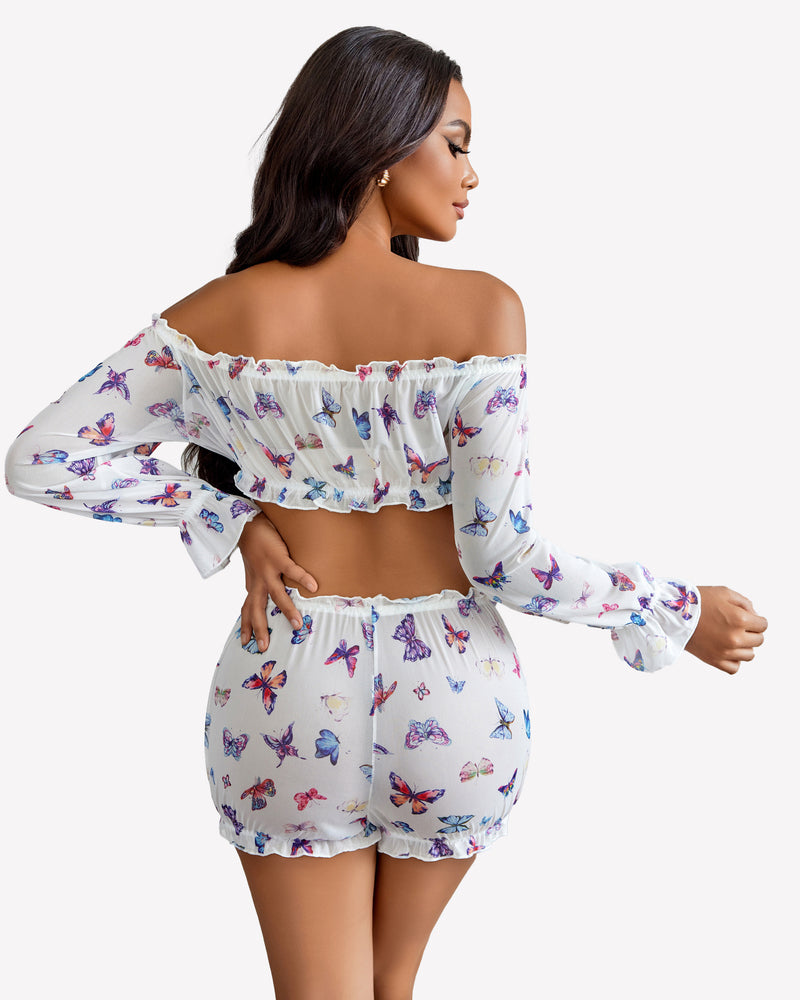 Off-shoulder ruffle bra and panty set, white with butterfly print, side view