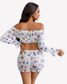 Off-shoulder ruffle bra and panty set, white with butterfly print, side view