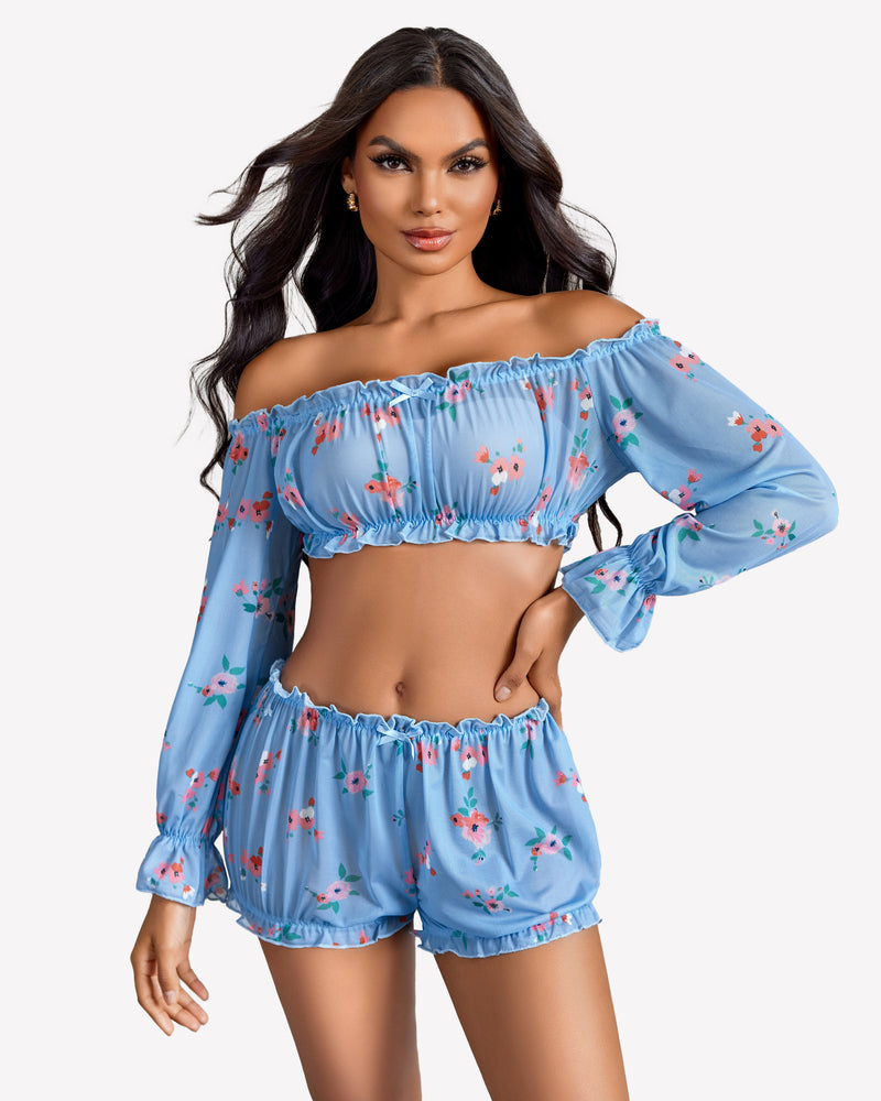Off-shoulder ruffle bra and panty set, light blue with floral print