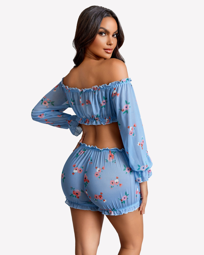 Off-shoulder ruffle bra and panty set, light blue floral print, side view