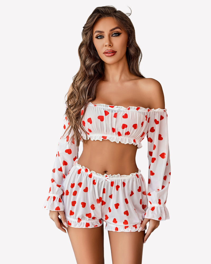 Off-shoulder ruffle bra and panty set, white with red heart print, long sleeves