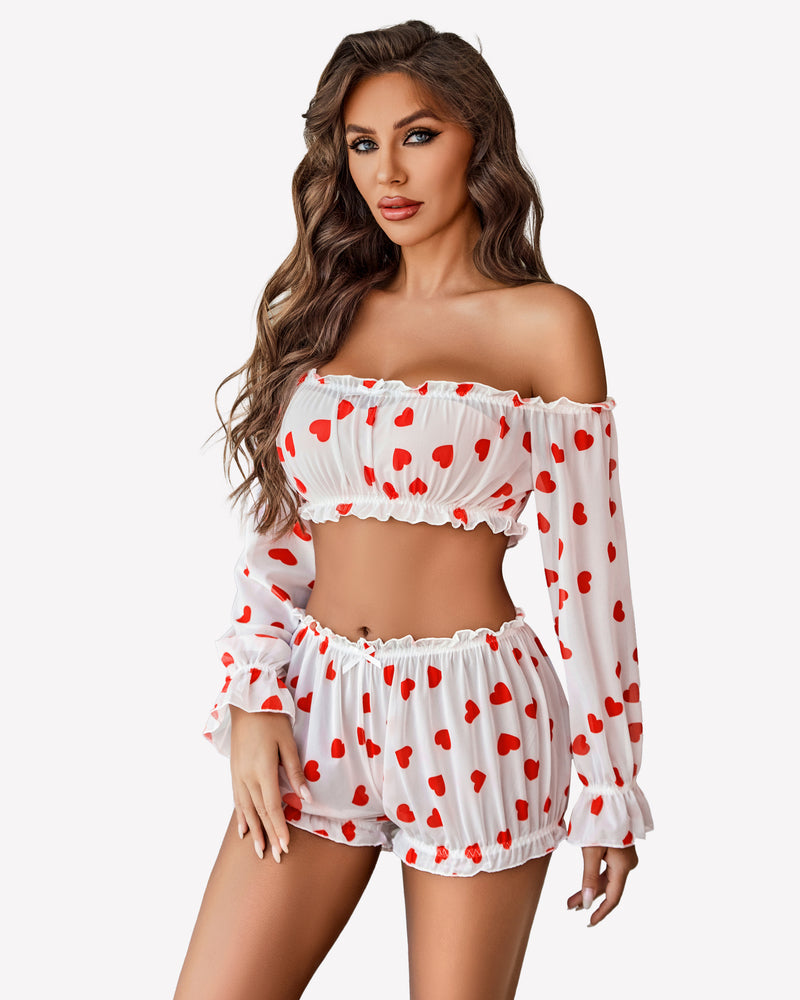 Off-shoulder ruffle bra and panty set, white with red hearts, ruffled elastic waist shorts