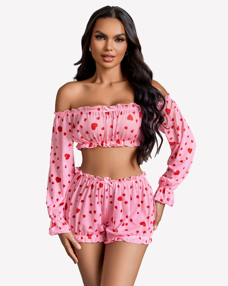 Off-shoulder ruffle bra and panty set, pink with red heart print