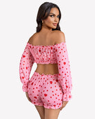 Off-shoulder ruffle bra and panty set, pink with red heart print, back view