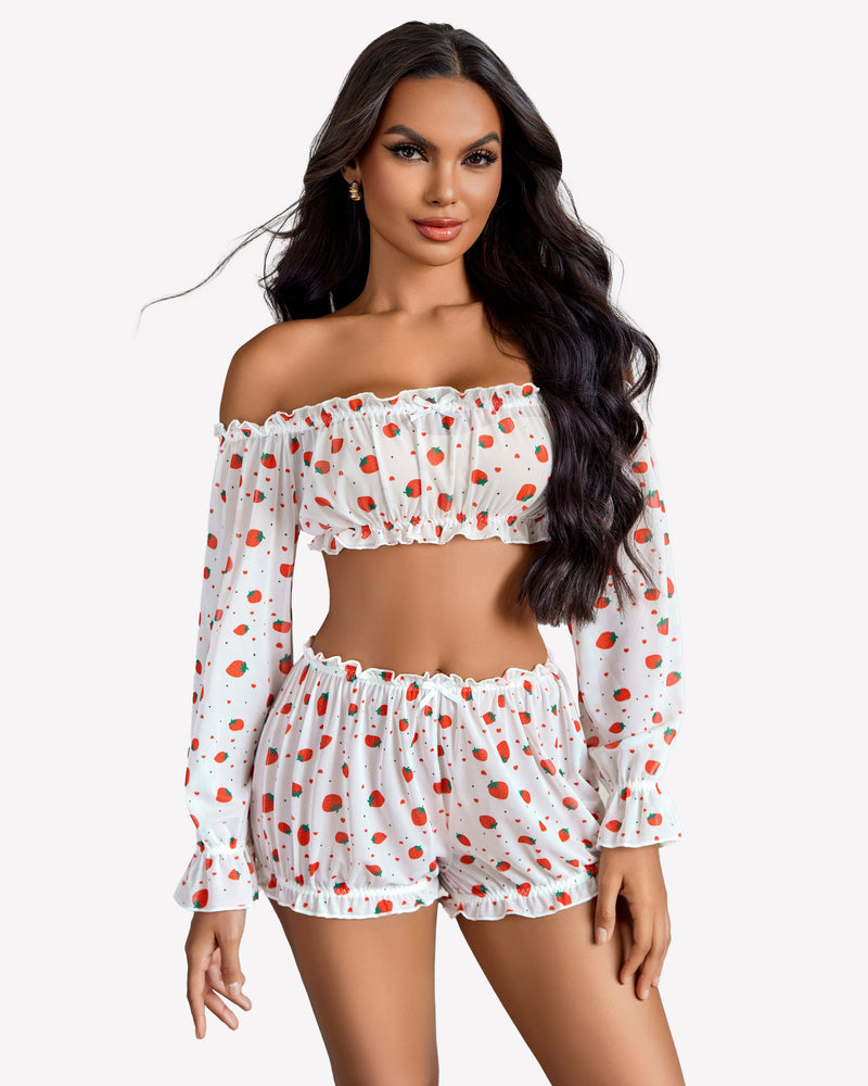 Off-shoulder ruffle bra and panty set, white with red heart print, long-sleeve ruffle trim