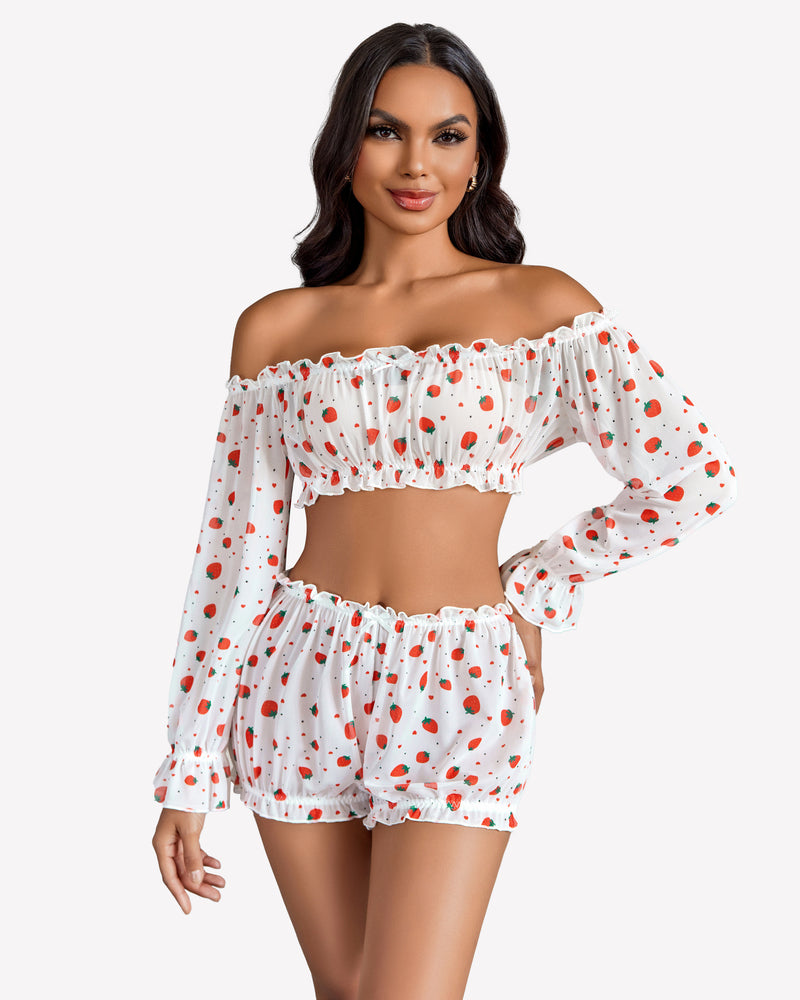 Off-shoulder ruffle bra and panty set, white with red heart print, off-shoulder ruffle top