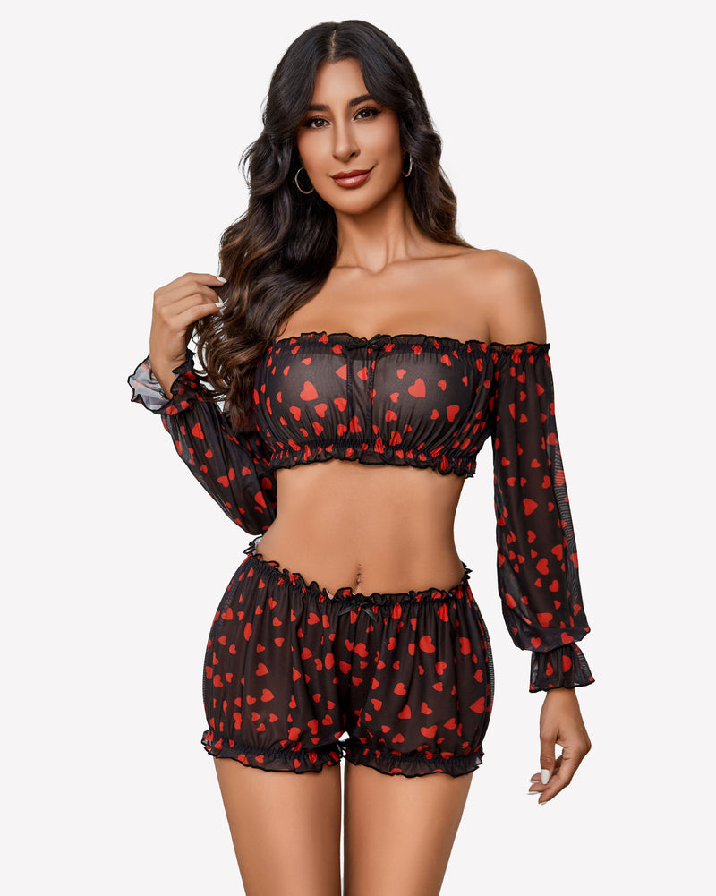 Off-shoulder ruffle bra and panty set, black with red heart print