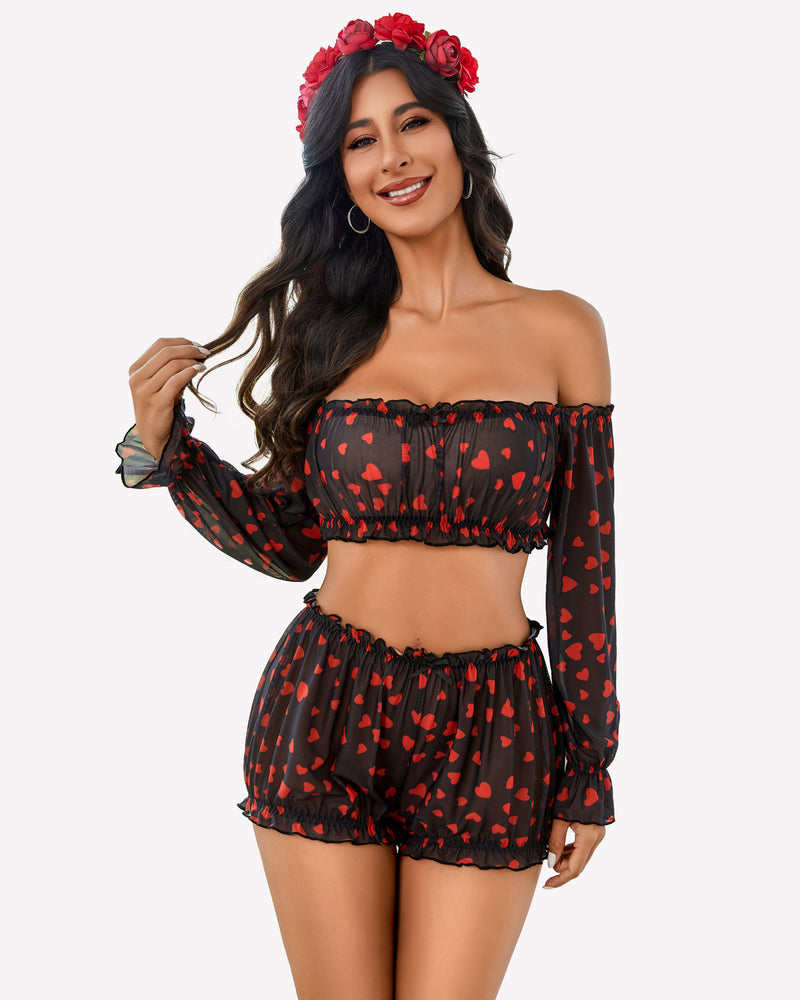 Off-shoulder ruffle bra and panty set, black with red heart print, long sleeves