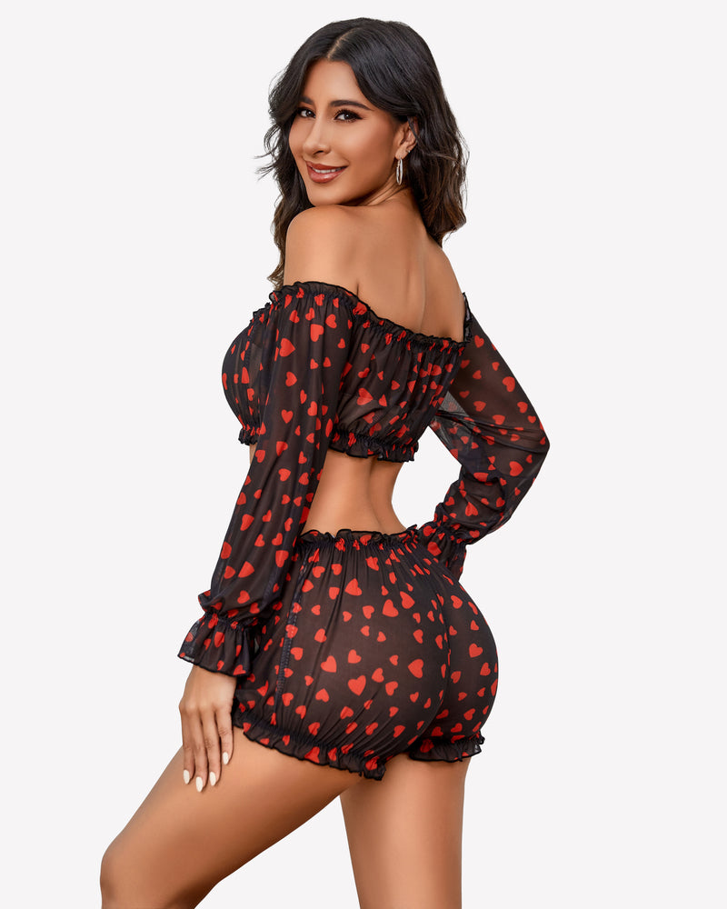 Off-shoulder ruffle bra and panty set, black with red hearts, off-shoulder long sleeves