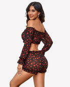 Off-shoulder ruffle bra and panty set, black with red hearts, off-shoulder long sleeves