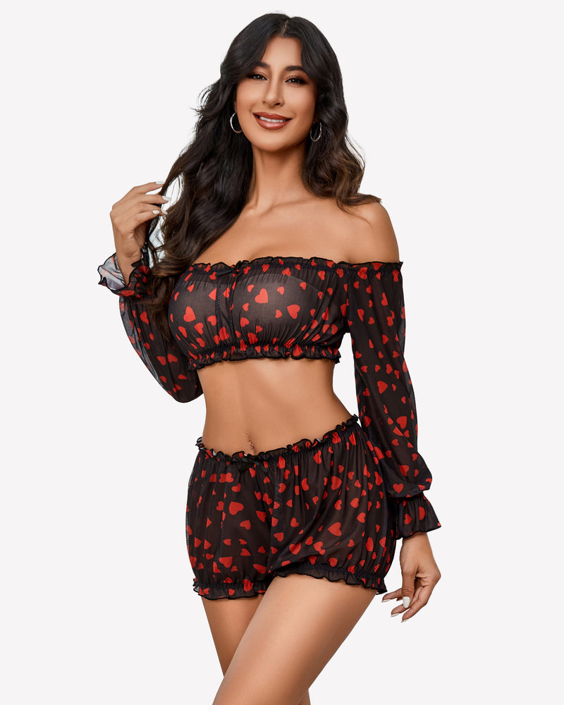 Off-shoulder ruffle bra and panty set, black with red heart pattern, ruffled crop top