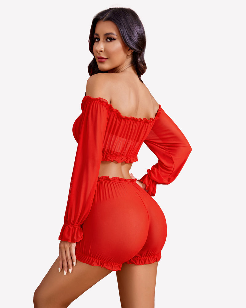 Off-shoulder ruffle bra and panty set, red off-shoulder neckline, gathered ruffle shorts