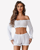 Off-shoulder ruffle bra and panty set, white off-shoulder top with long sleeves, shorts
