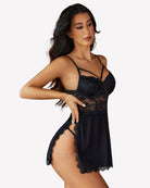 Black lace babydoll chemise with underwire cups, spaghetti straps, and side slit hem
